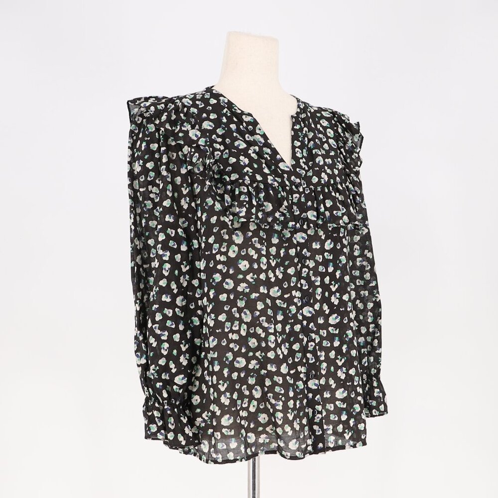 ba&sh Blake Blouse Ruffled Yoke Abstract Printed Long Sleeve Black Green Size M - Picture 4 of 9